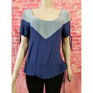 GEREN FORD Beautiful Silk Blue Women's Top Size L Short Sleeve Colorblock (B4)